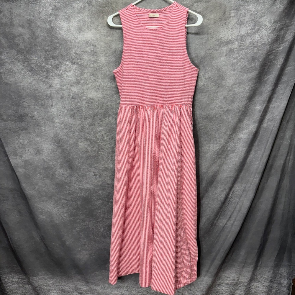 Marine Layer Darcy Seersucker Striped Maxi Dress Size L Red Pink Smocked Top